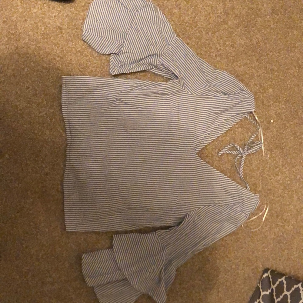 Blue and white off the shoulder blouse